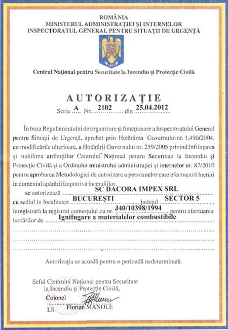 Autorizatie ignifugare Dacora 2012