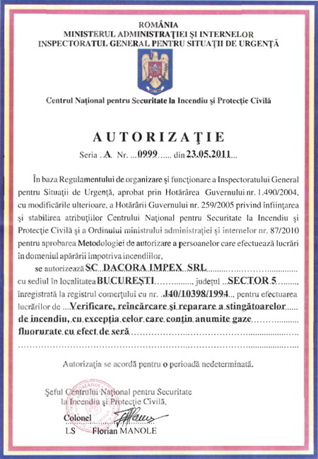 Autorizatie incarcat stingatoare Dacora