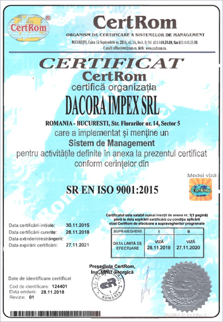 Certificat ISO 9001 + Anexa DACORA IMPEX SRL